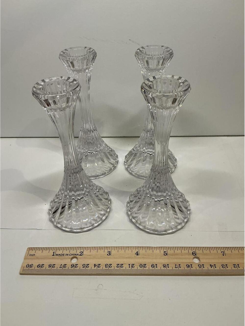 Set of 4 Clear Glass Candlestick Holders Ribbed Fluted Vintage Style 5" Tall